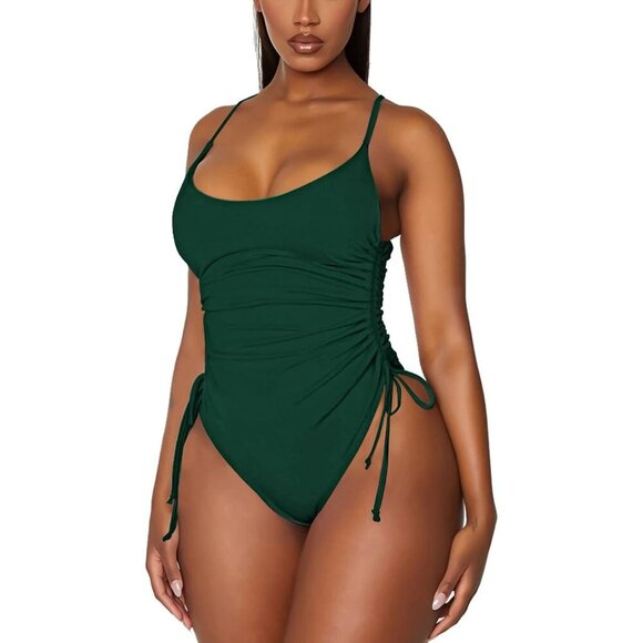 Women's Green Ruched High Cut One Piece Tummy Control Swimsuit